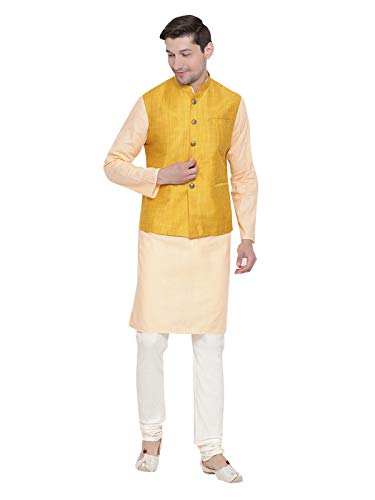 Elina fashion Men's Indian Silk Blend Kurta Pajama And Nehru Jacket (Waistcoat) Wedding Traditional Diwali Puja Set