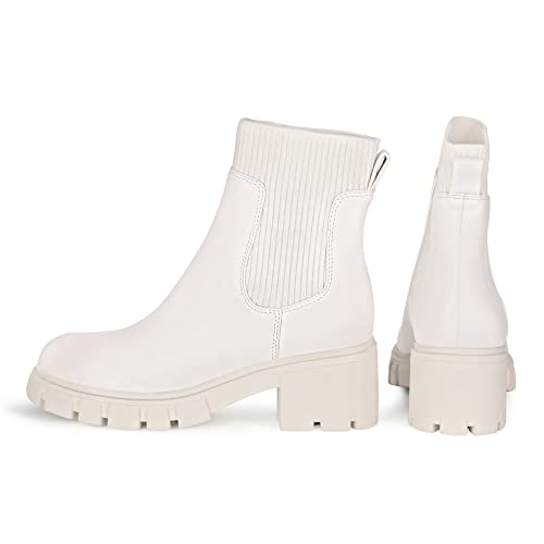Rihero Women's Chelsea Boots Lug Sole Platform Ankle Elastic Chunky Heel Cream Booties Size 7.5 #TOP3