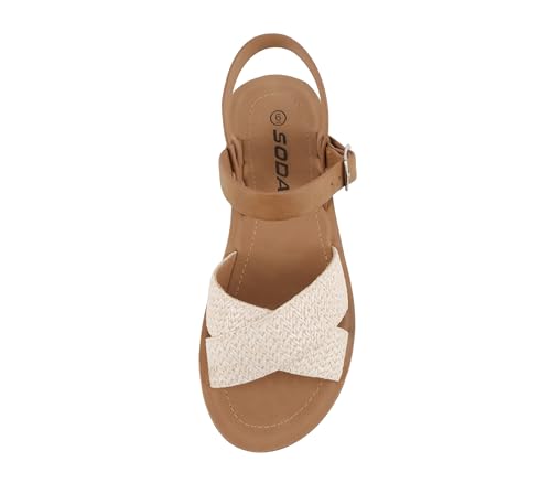 Image of Soda CHESTER ~ Women Flat Sandals Flatform Ankle Buckle Criss Cross Band Straps Sandals Shoes (Gold Raffia, 5.5)