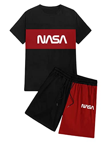 Gorglitter Men's Colorblock 2 Piece Outfits Letter Graphic Tee Top And Drawstring Elastic Shorts Set Black And Red Large #TOP27