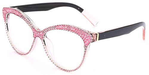 ICARA Cat Eye Reading Glasses Bling Rhinestones color Crystal Diamond Frame Eyewear Anti Blue Light Reader (Pink, 1.25, x)
