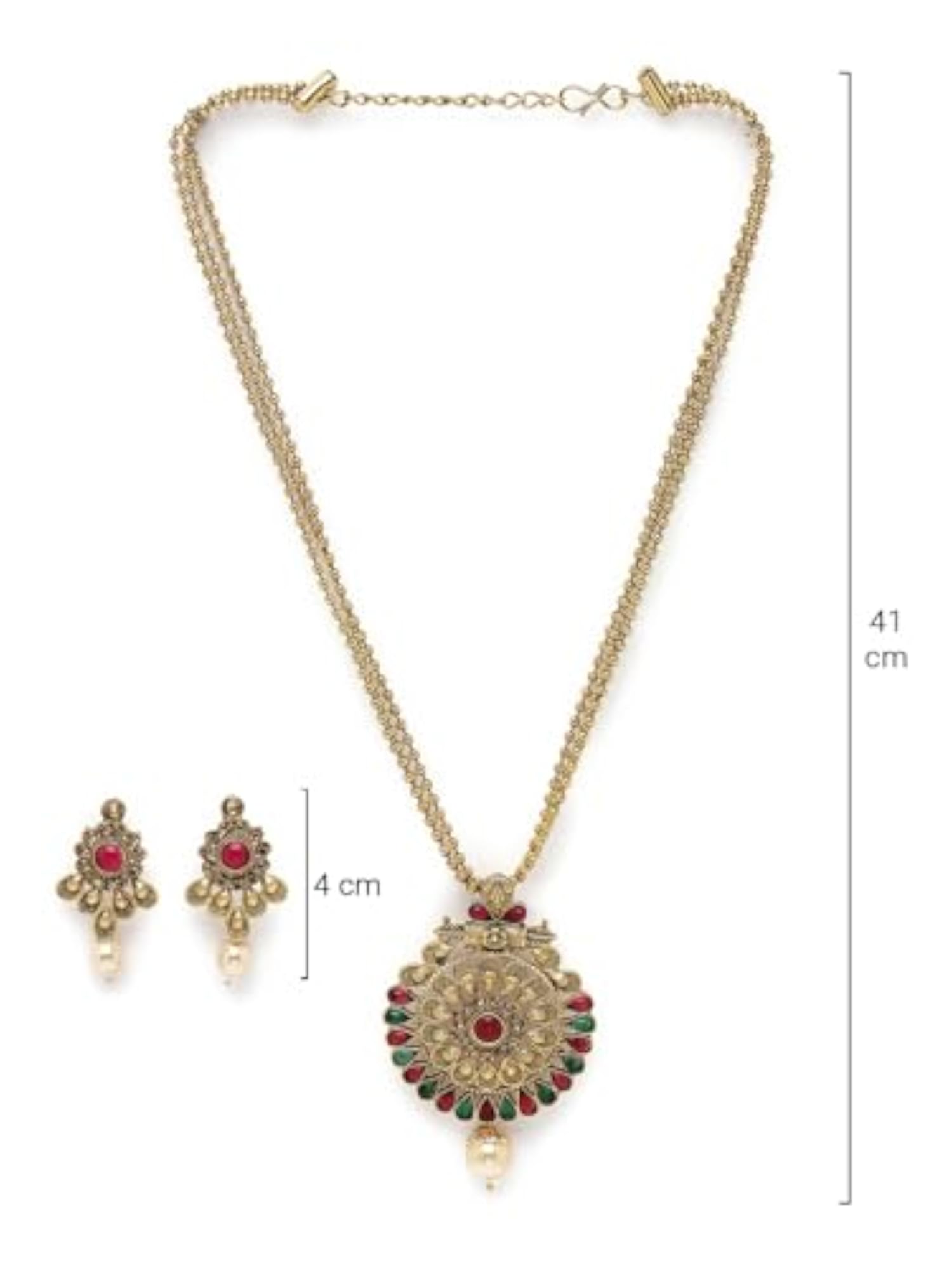 Green Red Stone Multistring Long Necklace Set And Earring