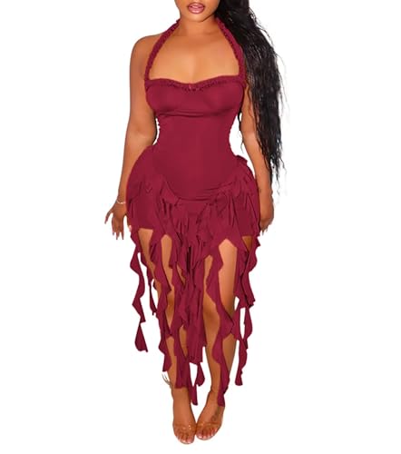 Image of Aro Lora Womens Sexy Halter Neck Sleeveless Ruffle Tassel Party Club Bodycon Mini Dress