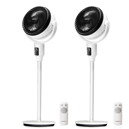 Aigostar Airflow - Ventilador de Pie Silencioso (23dB) con Mando a Distancia, Motor DC 24W, Gran Pantalla LED Táctil, Oscilación 135°, 9 Velocidades, Altura Ajustable 61/109 cm, Blanco. 2 Piezas