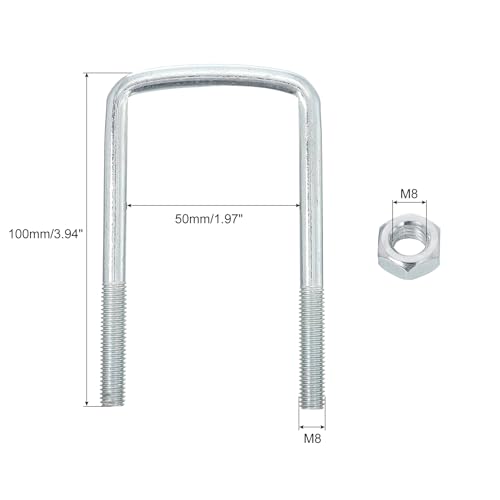 Image of uxcell Square U-Bolts, 8 Sets 50mm Inner Width 100mm Length M8 Zinc-Plated Carbon Steel U Clamp Bolt with Nuts and Plates, for Boat Trailer