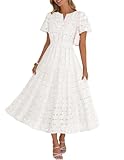 MEROKEETY Women's Summer Floral Maxi Dress 2026 Spring Boho Vacation Eyelet Lace Short Sleeve A Line Tiered Flowy Dresses, White, Small