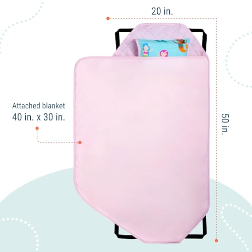 Image of Wildkin Modern Kids Nap Mat with Pillow for Girls - Soft & Cozy Cotton Blend, Elastic Straps, Toddler Sleep Mat for Daycare, Preschool, Kindergarten & Travel, Ages 3-7, Machine Washable - Mermaids