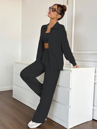 Image of Shasmi Women's 3-Piece Co-ord Set - Solid Button Front Shirt, Strapless Tube Top & Wide Leg Pants | Casual Loose Fit Western Outfit for Daily Spring /Fall Wear (Co-Ord-208)