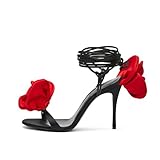 iadore Women's High Heels, 4'' Open Toe Floral Ankle Strappy Lace Up Stiletto Heeled Sandals with Back Flower Party Wedding Date Dress Shoes Black/Red 8.5