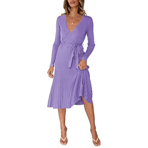 Pink Queen Women's Wrap Sweater Dress V Neck Long Sleeve Ribbed Swing Knit Midi Dresses with Belt Small Black