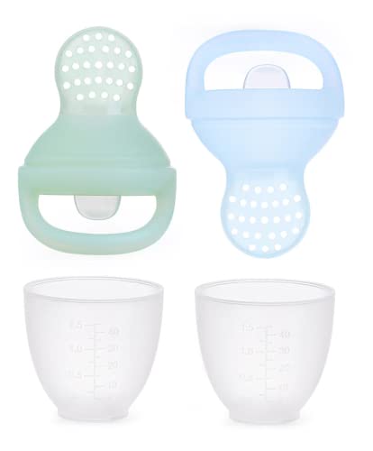 Image of [2 Teethers] Silicone Fruit Teething Spoons Pacifiers 0-6 Months | Newborn Baby Toys Essentials | Pacifier Fruit Feeder Teether Spoons (Green & Blue)