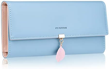 FT FUNTOR PU Leather Wallet for Women RFID Blocking Ladies Leaf Pendant Coin Zipper Long Purse with Multiple Card Slots and Card Holders Phone Pocket (Grey)