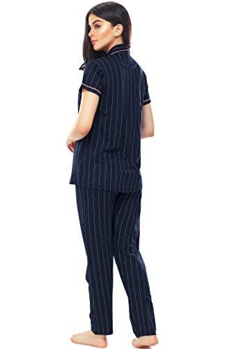 Image of ZEYO Women's Cotton Strip Printed Korean Night Suit Set of Shirt & Pajama Set (Available in Plus Size)