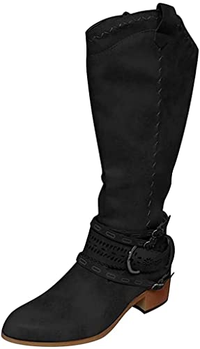 Faux Suede Booties Cowboy Boots for Women Wide Calf Cowgirl Fashion Modern Western Boots Round Toe Knee High Chunky Heel Shoes4