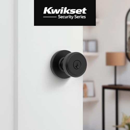 Image of Kwikset Maven Entry Door Knob with Lock and Key, Secure Keyed Handle Exterior, Front Entrance and Bedroom, Matte Black, Pick Resistant SmartKey Rekey Security and Microban (Pack of 4)
