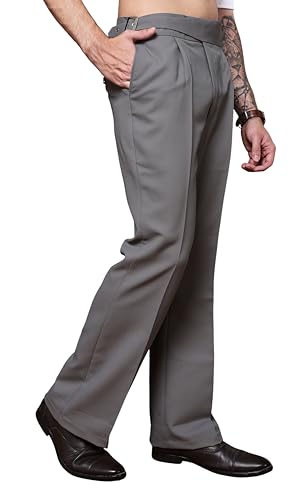 Image of Mens Beige Gurkha Pants with Classic Buckle Closure Premium Casual Bell Bottom Trousers for Men High Waist Pleated Formal & Casual Wear Pant Stylish Retro Flared Bottom Pant