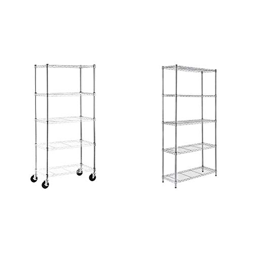 AmazonBasics - Estantería con 5 baldas, con Ruedas, Color Cromo + Estantería con 5 baldas, Cromado