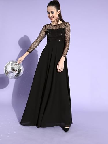 Image of Miss Chase Women's Round Neck Sleeve Embellished Fit Flare Maxi Dress