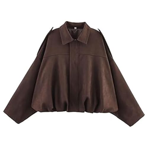 WOWULOVELY Women's Faux Suede Bomber Jacket Lapel Pilot Pocket Coat Casual Oversized Long Dolman Sleeves Trendy Streetwear