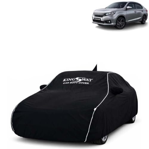 Image of KINGSWAY Super Waterproof Car Cover Only with Honda Amaze (Year 2021 to 2022 - All Model) | Mirror and Antenna Pockets | All Weather Car Body Cover with Silver Piping | Black