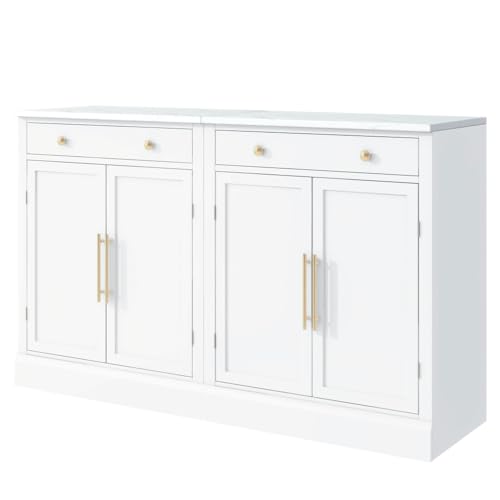 Image of Modern Freestanding Kitchen Pantry,Buffet Food Storage, Coffee Bar Cabinet with Drawer, 2 Adjustable Shelves and 2 Door Shelves for Dining, Kitchen, White (White + MDF + Farmhouse-1)
