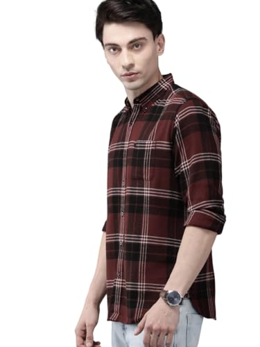 Image of THE BEAR HOUSE Men's Cotton Slim Brown Checks Casual Shirt | L |TBH-Walnut-BR-L |