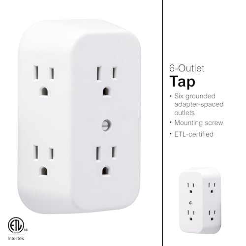 GE 6-Outlet Extender, Grounded Wall Tap, Adapter Spaced Outlets, 3-Prong, Multiple Plug, Quick and Easy Install, Cruise Essentials, UL Listed, White, 50759