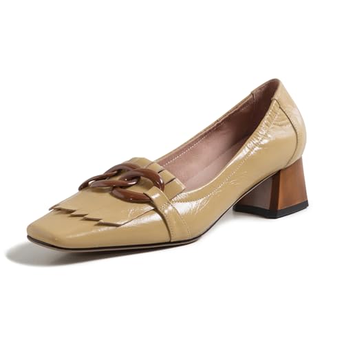 Image of Women's Retro Loafers Shoes Genuine Leather Square Toe Heeled Loafers for Women Slip on Chunky Heel with Chain Tassels Handmade