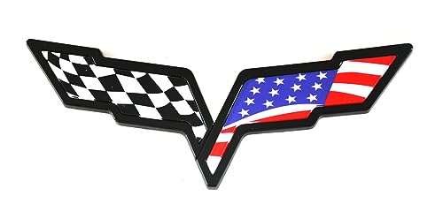 Image of 2Pcs Front Hood & Rear Fascia Crossed Flags Emblems Car Badge Replacement for 2005-2013 Corvette C6 (US Flag-Black)