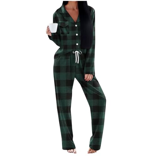 Women Flannel Pajamas Set Brushed Cotton Button Tops Pants Sleepwear Loungewear Cozy Warm Winter Fashion Sets Green XL