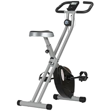 SPORTNOW Cyclette pieghevole, fitness bike silenziosa da interno con resistenza magnetica a 8 livelli, sensore di frequenza cardiaca, sedile regolabile, schermo LCD e ruote, grigio