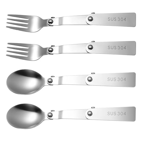 BOHUIZ 2Pcs Foldable Fork and 2Pcs Foldable Spoons, Portable Stainless Steel Folding Spoons Forks Set for Outdoors Travel Camping Replacement Utensils Compatible with Thermal Lunch Box Food Jar