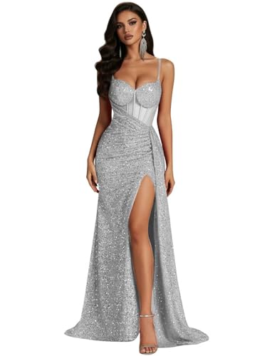 VDREJK Silver Prom Dresses with Tail Spaghetti Strap Long Formal Evening Ball Gown Mermaid Corset Ball Gowns 2026 US16