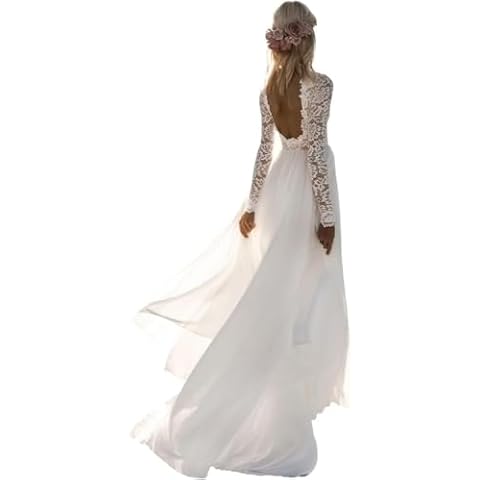 dufetin Long Sleeve Wedding Dresses for Bride Lace Tulle Wedding Gowns Backless A-Line Bridal Gowns for Women with Train for Women 12 C-Ivory Cover