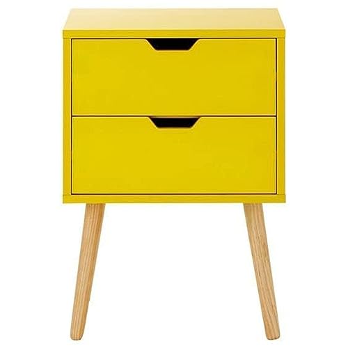 Image of Storage Nightstand Mid-Century Modern Bedside Table with Solid Wood 4 Legs Minimalist and Practical End Side Table- 2 Drawer-Yellow