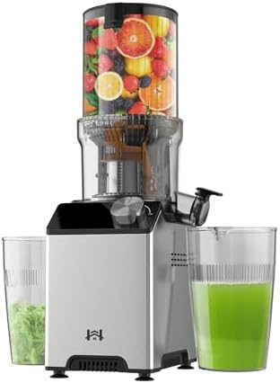 Cold Press Juicer, Wide Feed Chute Juicer Machines, Stainless Steel Slow Masticating Juicers Easy to Clean, Vegetables & Fruits Juice Extractor, High Juice Yield, Gray Knob
