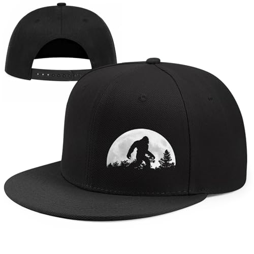 Tijeyi Funny Sasquatch Forest Graphic Hats Big Foot Snapback Hats for Men Flat Bill Women Hats Black Baseball Cap Adjustable Adult Unisex Trucker Hat Fitted Cap for Hunting Hiking Fishing
