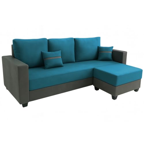 Image of FURNY Aura 4 Seater L Shape Sofa Set with Movable Ottoman | Flexible Left or Right Layout | Plush Velvet Fabric (Aqua Blue-Dark Grey) | Perfect for Living Room, Guest Room & Office