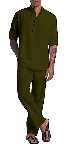 SIENDIU Herren-Leinensets, Henley-Shirts, 2-teilig, Urlaubs-Outfits, Strandkleidung, Freizeitanzug, Langarm-Shirt, Yogahose, Sommer, Grün (Army Green), Large