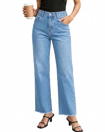 Image of GRAPENT Straight Leg Jeans for Women High Waisted Stretchy Frayed Raw Hem Loose Denim Pants Casual Baggy Jean Trousers