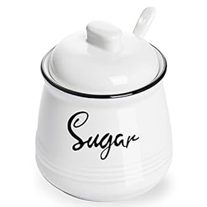 HAOTOP Farmhouse Porcelain Sugar Bowl with Lid and Spoon 12oz,Easy to Clean (White)