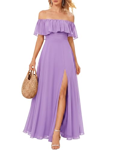 Image of Ever-Pretty Women's Summer Off The Shoulder Flowy Chiffon Formal Wedding Guest Dresses Maxi Side Split Beach Bridesmaid Dress