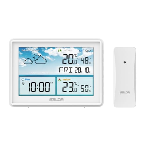BALDR Wetterstation Innen und Außentemperatur Funk mit Wettervorhersage – Thermometer Innen und Außentemperatur Funk mit Wettervorhersage - Hygrometer Feuchtigkeit Digital mit Außensensor - Weiß