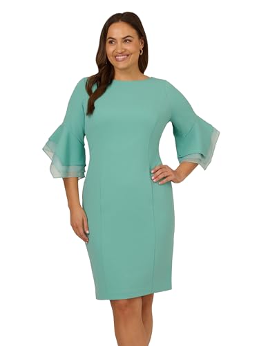 Image of Adrianna Papell Stretch Knit Crepe Sheath Dress with Tiered Organza Bell Sleeve
