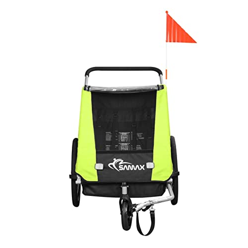 SAMAX Fahrradanhänger Jogger 2in1 360° drehbar Kinderanhänger Kinderfahrradanhänger Transportwagen vollgefederte Hinterachse für 2 Kinder in Grün - Black Edition