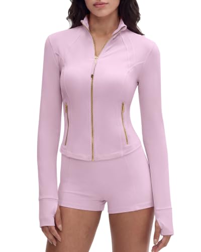 Image of SUUKSESS Women Golden Full Zip Up Workout Cropped Jackets Lightweight Athletic Yoga Tops