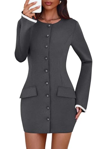 Lazysmile Women's Casual Dresses Long Sleeve Boat Neck Button Down Bodycon Mini Fall Party Club Cocktail Dresses for Women Grey