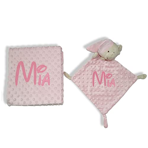 Variouss Manta de Bebe Personalizado con su Nombre Bordado, Cochecito o capazo. Manta + DouDou (Rosa)