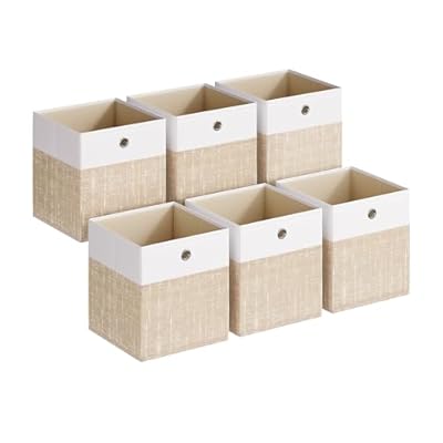 SONGMICS Storage Cubes, Set of 6 Foldable Fabric Storage Boxes, Cube Organizer Boxes with Handles, for Closet Shelves, Odorless, 10.2 x 10.2 x 11 Inches, Cloud White and Sand Beige URFB426LF02
