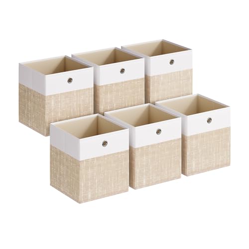 SONGMICS Caja de Almacenamiento, Set de 6, Cajas Organizadoras de PP, Sin Olores, Caja Plegable, Caja de Tela para Estantería Tipo Cubo, 26 x 26 x 28 cm, Blanco Nube y Beige Arena RFB426LF02